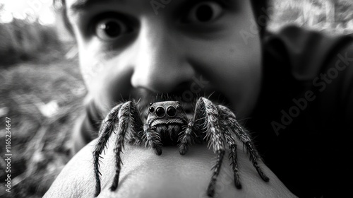 Spider Close-Up with Intense Human Expression in the Background photo