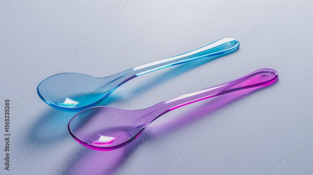 A pair of colorful plastic spoons with glossy finishes, isolated on a smooth light-gray surface. A pair of colorful plastic spoons with glossy finishes, isolated on a smooth light-gray surface.