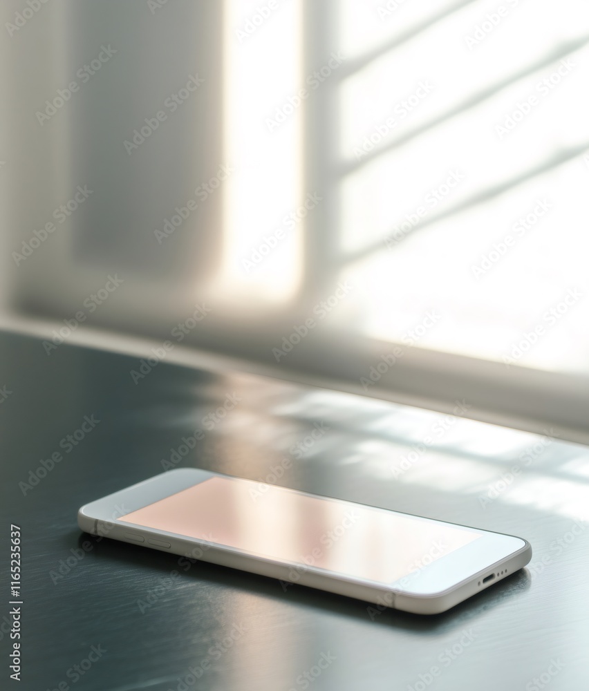 Sleek white smartphone resting on glossy black surface near window Sleek white smartphone resting on glossy black surface near window
