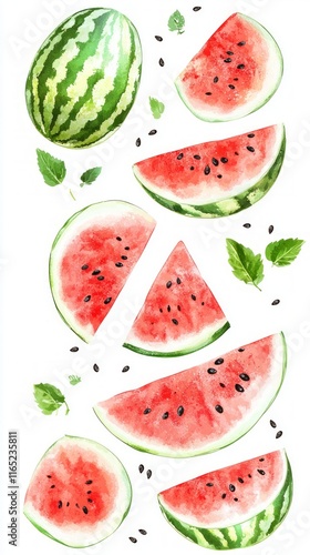 Watermelon Slices in Watercolor Style - A Vibrant Summer Fruit Display photo