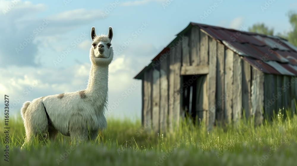 Obraz premium A peaceful alpaca standing next to a rustic wooden shed, isolated with a soft green meadow backdrop.