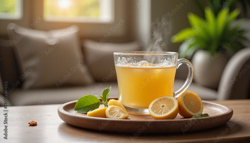 Steaming lemon drink with lemon slices on wooden tray Steaming lemon drink with lemon slices on wooden tray