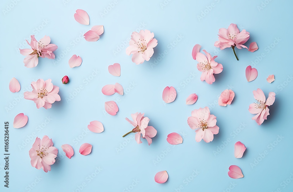 Cherry blossom petals floating in the air, a light blue spring background Cherry blossom petals floating in the air, a light blue spring background