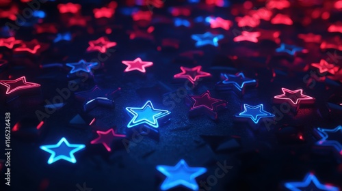 Neon blue and red stars scattered across a 3D surface, glowing brightly against the dark.