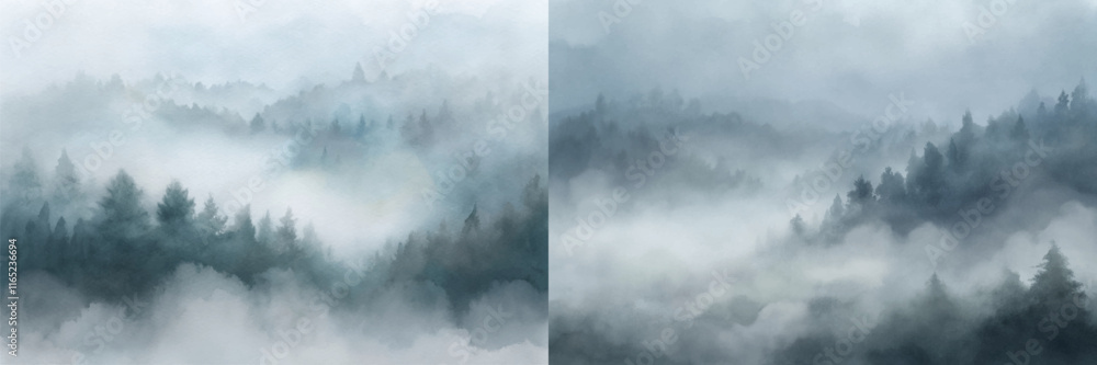 Fototapeta premium Soft mist blankets a serene landscape, featuring lush trees and a tranquil atmosphere.