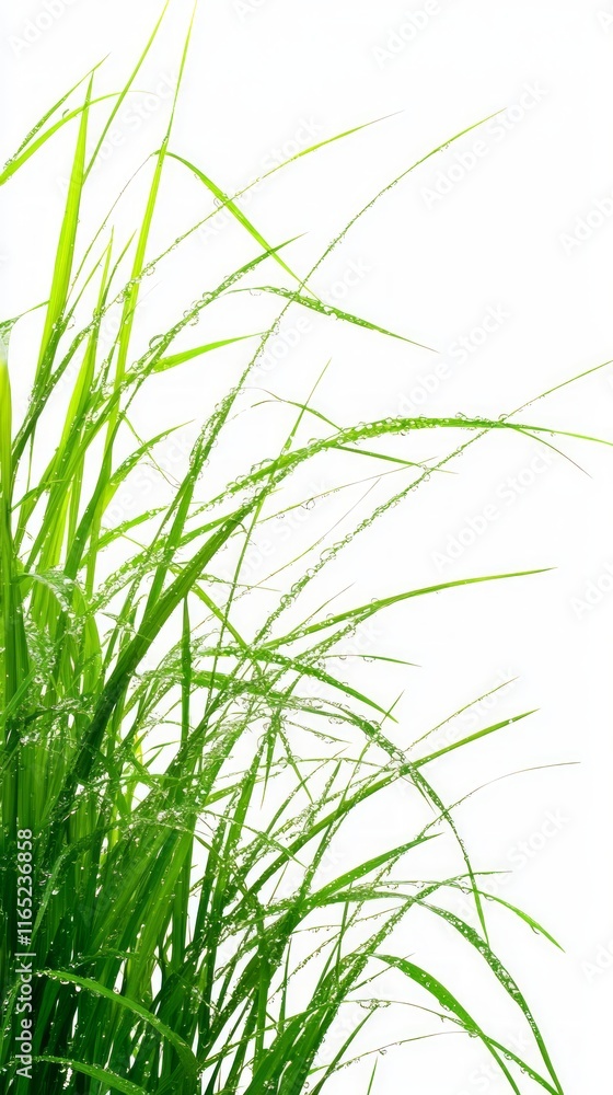 Naklejka premium Dew Drops on Fresh Green Grass - A Lush Nature Scene. Perfect for backgrounds and nature lovers. A vibrant display of nature's beauty.