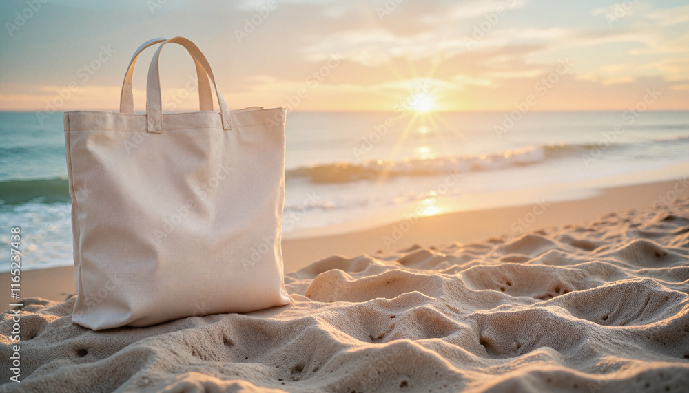 Canvas bag on sandy beach during sunset Canvas bag on sandy beach during sunset