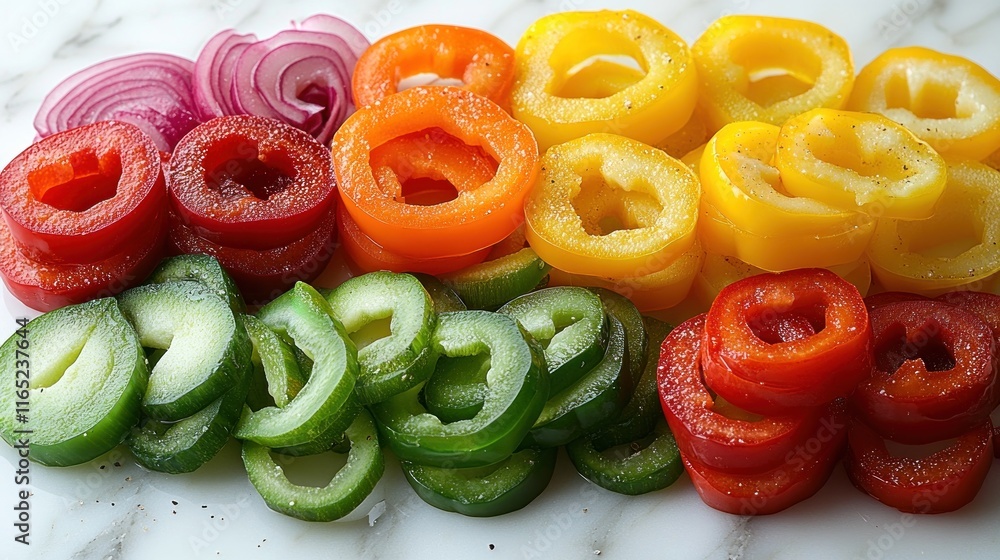 Colorful sliced bell peppers and red onion rings. Colorful sliced bell peppers and red onion rings.
