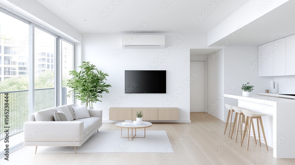 Fototapeta premium Modern, minimalist living room with natural light and greenery.