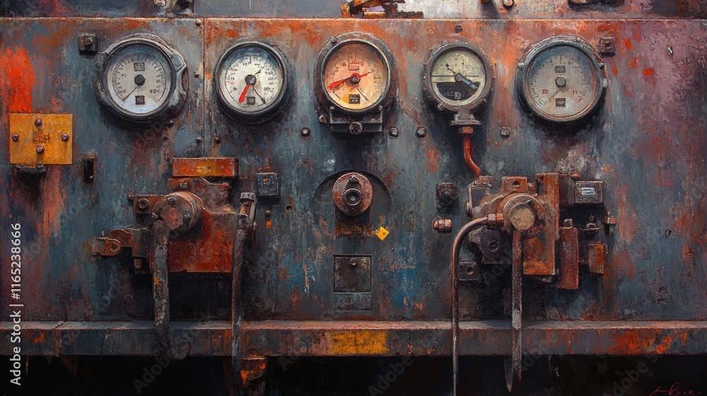 An old machinery control panel with levers, dials, and gauges, styled with rust and signs of wear in a gritty factory setting An old machinery control panel with levers, dials, and gauges, styled with rust and signs of wear in a gritty factory setting