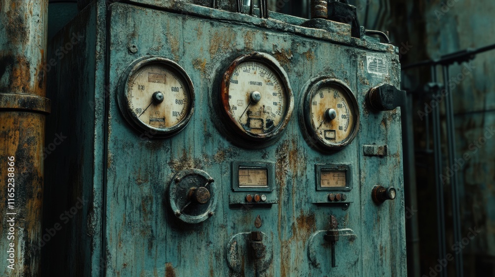 An old machinery control panel with levers, dials, and gauges, styled with rust and signs of wear in a gritty factory setting An old machinery control panel with levers, dials, and gauges, styled with rust and signs of wear in a gritty factory setting
