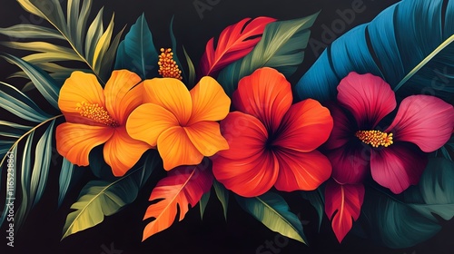 Wallpaper Mural A vibrant floral print featuring tropical flowers and leaves in bold, bright colors on a dark paper background Torontodigital.ca