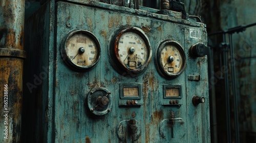 An old machinery control panel with levers, dials, and gauges, styled with rust and signs of wear in a gritty factory setting photo