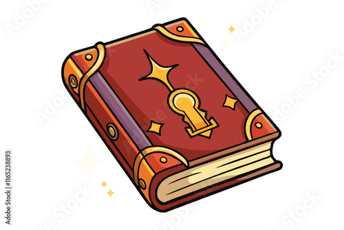 Fantasy vector illustration of an enchanted magical book with intricate golden keyhole design, glowing details, and mysterious charm