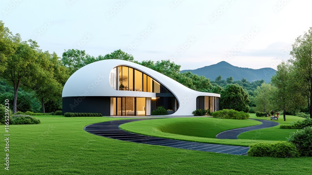 Modern architectural design featuring a sleek, organic-shaped house. Modern architectural design featuring a sleek, organic-shaped house.