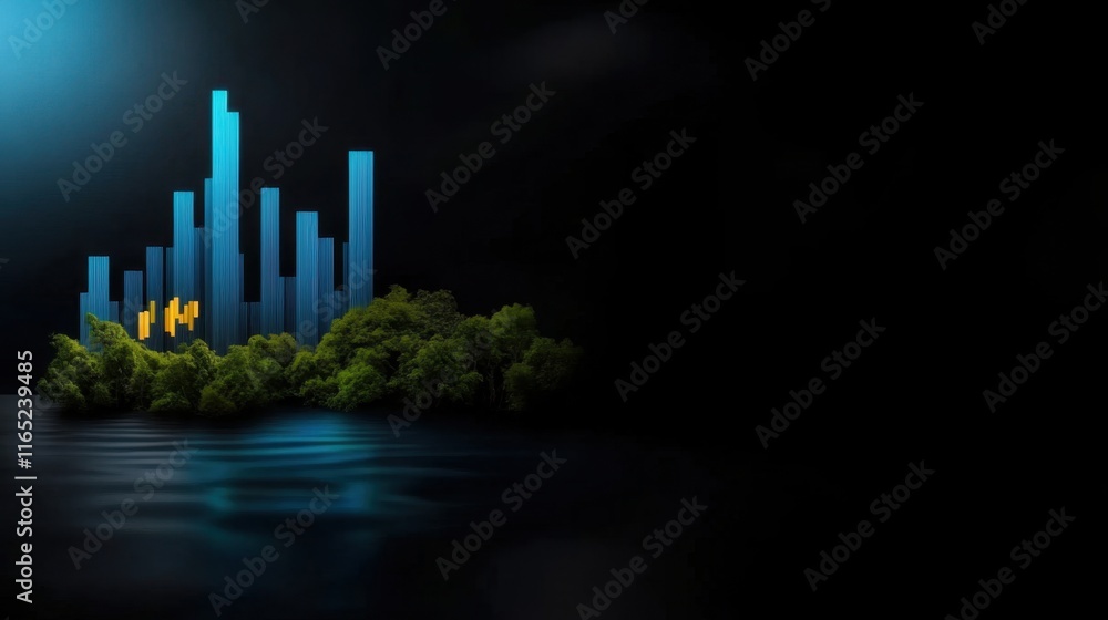 A digital artwork featuring a serene island with vibrant greenery and luminous blue skyscrapers against a dark background. A digital artwork featuring a serene island with vibrant greenery and luminous blue skyscrapers against a dark background.