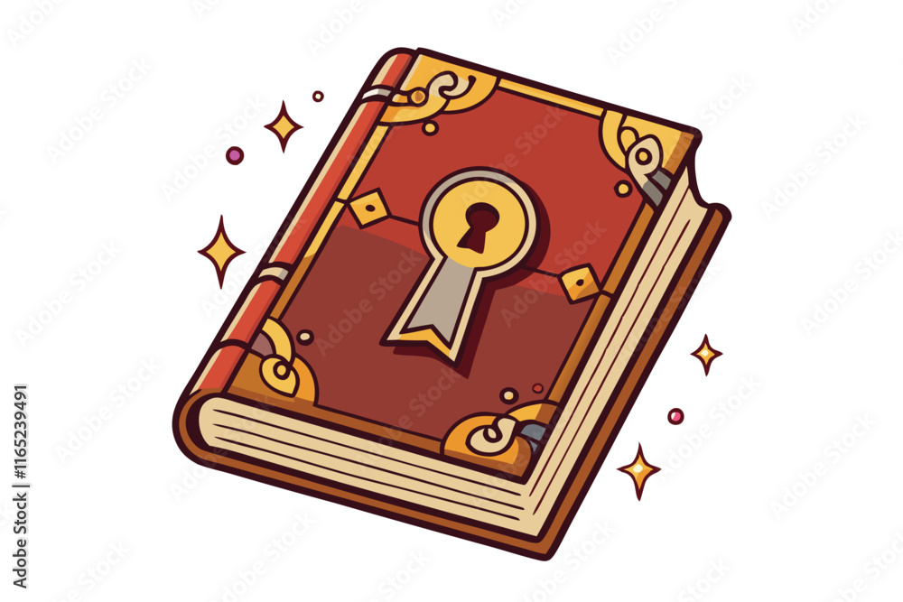Creative fantasy style vector graphic of a locked magical tome with golden embellishments, sparkling effects, and mysterious aura Creative fantasy style vector graphic of a locked magical tome with golden embellishments, sparkling effects, and mysterious aura