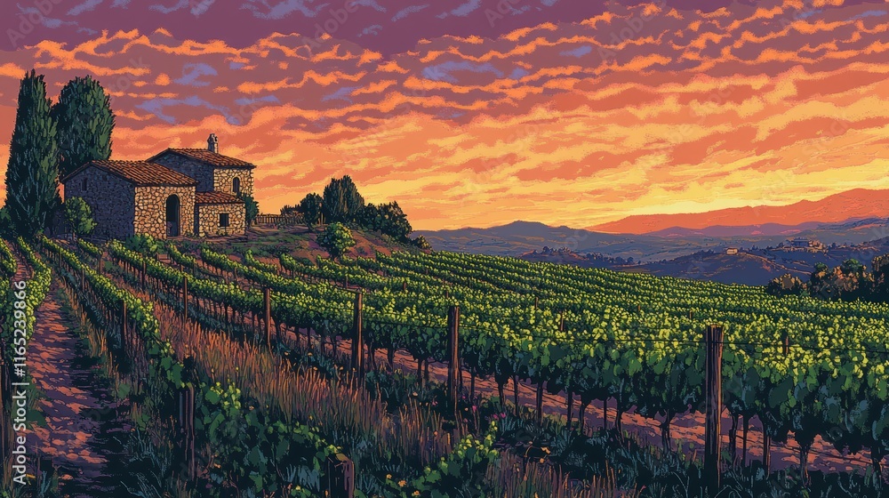 Fototapeta premium A picturesque vineyard at sunset, showcasing rolling hills and a rustic stone house.