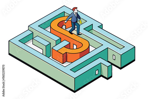 businessman in a maze with dollar sign center, creative vector concept for finance and success wallpaper background