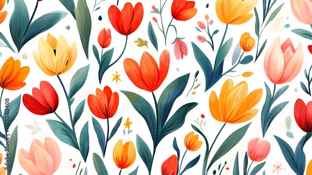 Obraz premium A bright floral pattern with vivid tulips and greenery scattered on a crisp white background
