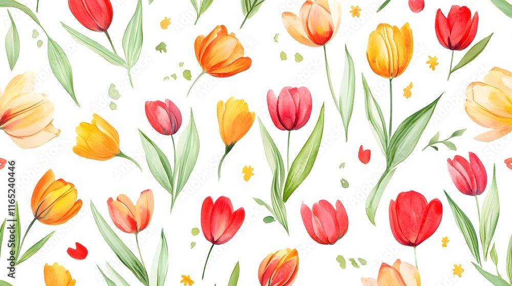 A bright floral pattern with vivid tulips and greenery scattered on a crisp white background A bright floral pattern with vivid tulips and greenery scattered on a crisp white background