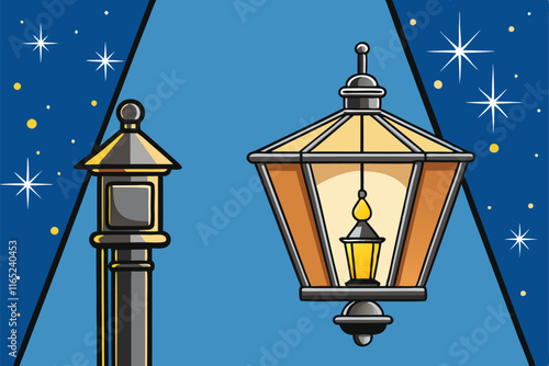 Stylized vector image depicting the transition from historical gas lanterns to contemporary electric streetlights at night