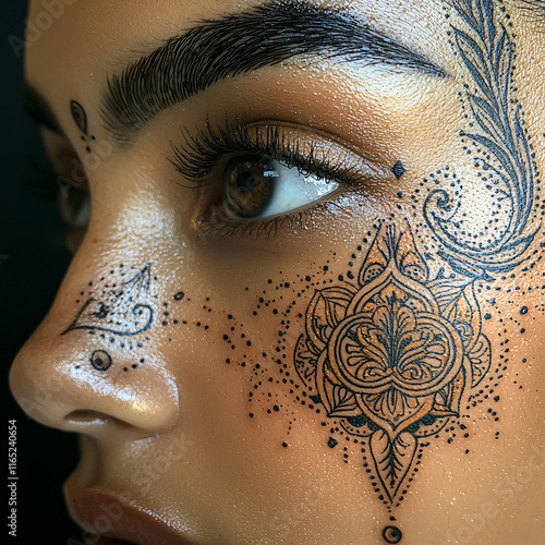 woman’s face at a side angle with a rose mandala tattoo on her face