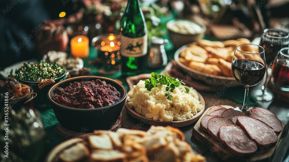 Cozy evening gathering with diverse traditional cuisine and wine Cozy evening gathering with diverse traditional cuisine and wine