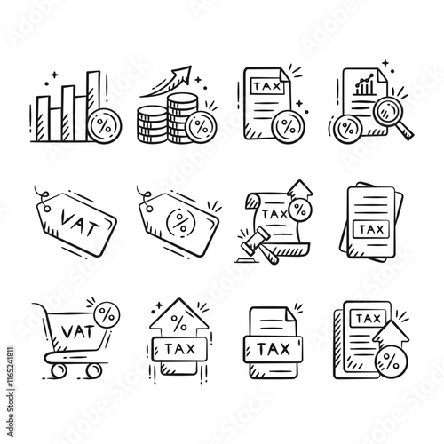Tax rises doodle isolated outline icon set. Finance hand drawn sketch illustration collection containing tax document, tax inflation policy, value added tax, increasing vat, chart growth.