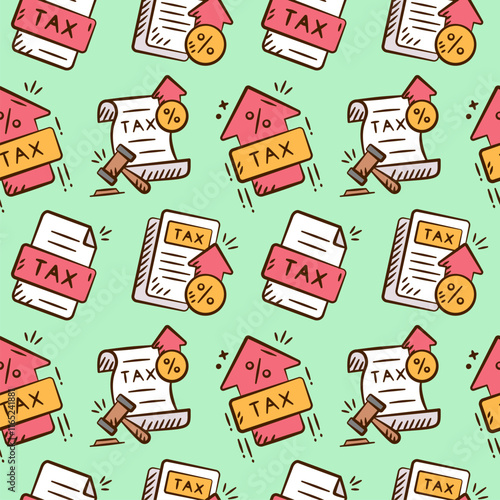 Tax rises doodle background. Finance icon seamless pattern containing hand drawn illustration of tax document, tax inflation policy, value added tax, increasing vat, chart growth.