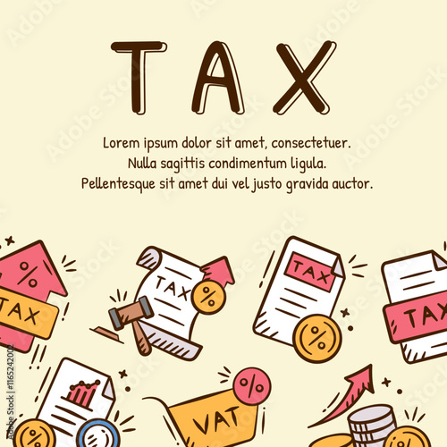 Tax rises doodle social media template background. Finance hand drawn illustration collection containing tax document, tax inflation policy, value added tax, increasing vat, chart growth.