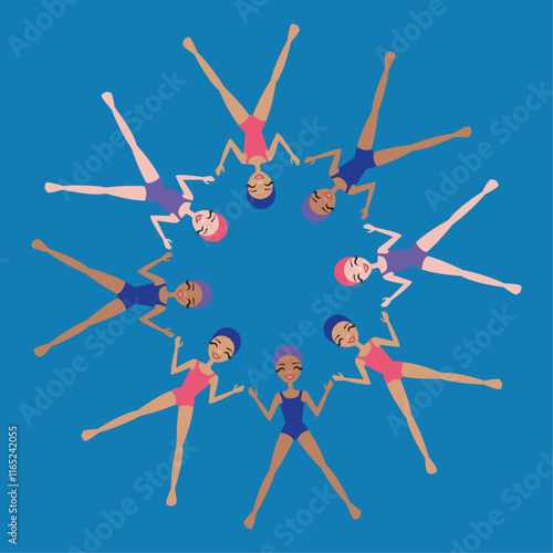 Vector illustration of a group of eight synchronized swimmers