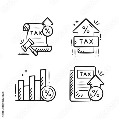 Tax rises doodle isolated outline icon set. Finance hand drawn sketch illustration collection containing tax document, tax inflation policy, value added tax, increasing vat, chart growth.