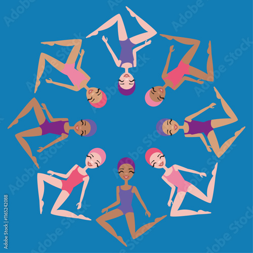 Vector illustration of eight synchronized swimmers
