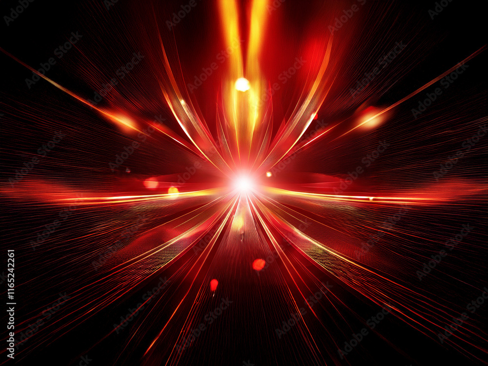 Obraz premium Intense red and orange light streaks radiate from a central point, creating a dynamic, almost explosive effect against a black background. The image evokes speed, energy, and power.