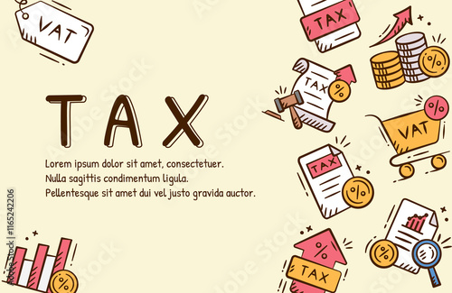 Tax rises doodle background poster. Finance hand drawn illustration collection containing tax document, tax inflation policy, value added tax, increasing vat, chart growth.
