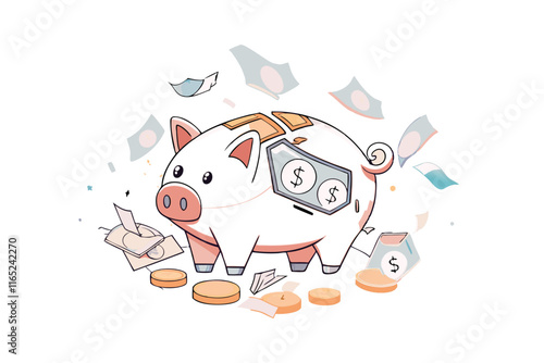 Charming piggy bank graphic with floating money and coins, representing financial savings, investment, and economic prosperity