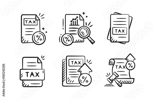Tax rises doodle isolated outline icon set. Finance hand drawn sketch illustration collection containing tax document, tax inflation policy, value added tax, increasing vat, chart growth.