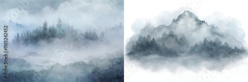 Enigmatic mountains rise through a veil of mist in this captivating watercolor landscape.