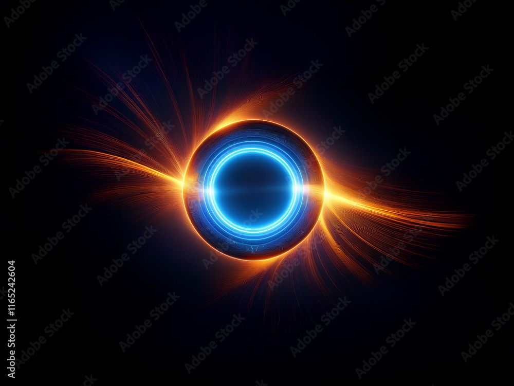Obraz premium A vibrant, glowing ring of blue light, encircled by fiery orange energy streaks against a dark background, evokes a sense of cosmic power and energy.