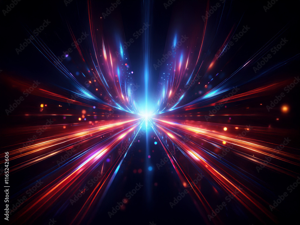 Fototapeta premium Abstract image depicting vibrant, glowing streaks of red, blue, and orange light converging towards a central point, suggesting speed and movement through a dark, cosmic tunnel.