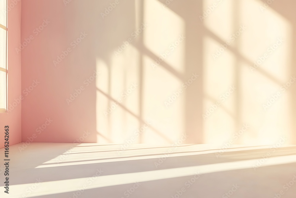 Fototapeta premium Light pink spring background, shadow of palm leaves on the wall