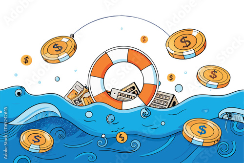 Artistic vector graphic of a lifebuoy surrounded by currency coins amidst flowing ocean waves, representing financial stability and aid