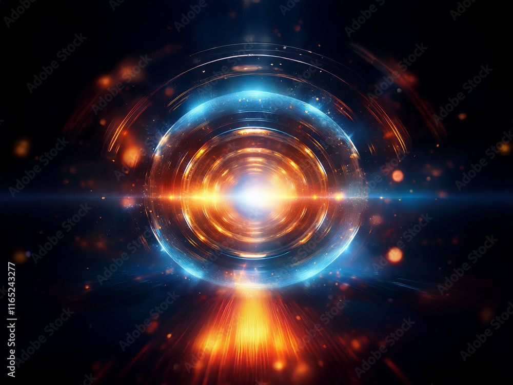 Intricate glowing circular rings radiate energy, with vibrant blue and orange hues creating a futuristic, ethereal scene. Sparks and light trails add to the dynamic composition. Intricate glowing circular rings radiate energy, with vibrant blue and orange hues creating a futuristic, ethereal scene. Sparks and light trails add to the dynamic composition.