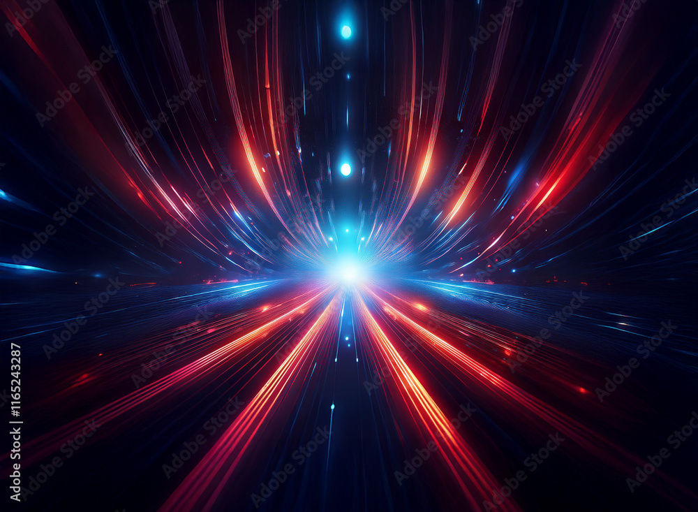 Abstract digital art depicting a vibrant, glowing tunnel of light streaks converging towards a bright central point. Red and blue light trails create a dynamic, futuristic feel. Abstract digital art depicting a vibrant, glowing tunnel of light streaks converging towards a bright central point. Red and blue light trails create a dynamic, futuristic feel.