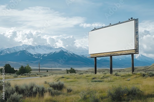 Blank Billboard Stands Against Mountain Range Background photo