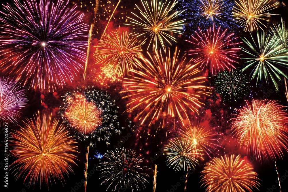 Vibrant Fireworks Display Illuminating Night Sky Vibrant Fireworks Display Illuminating Night Sky