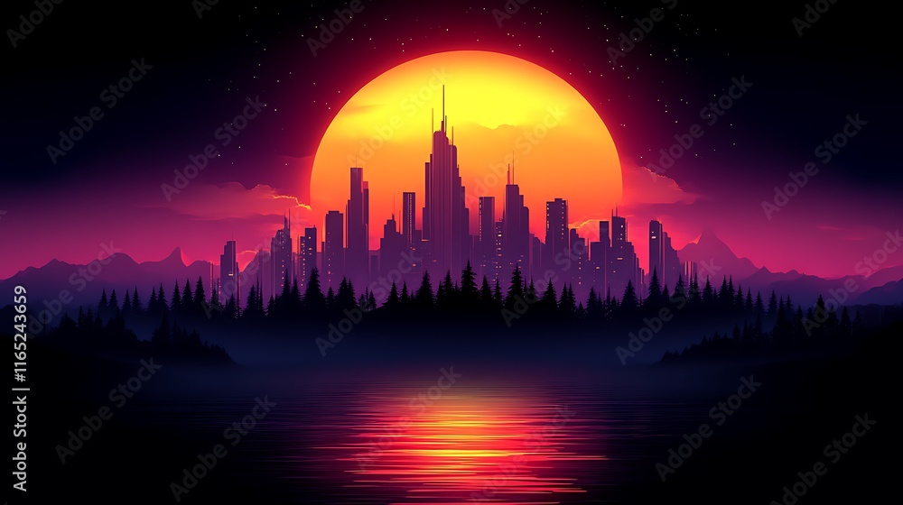 Cityscape Silhouette at Sunset Over Lake and Mountains Cityscape Silhouette at Sunset Over Lake and Mountains