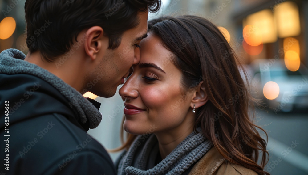 Couple sharing an intimate moment on a city street Couple sharing an intimate moment on a city street