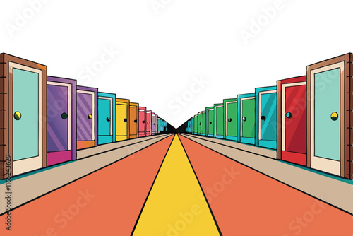artistic vector image of a hallway filled with vividly colored doors, representing pathways, possibilities, and metaphorical life choices